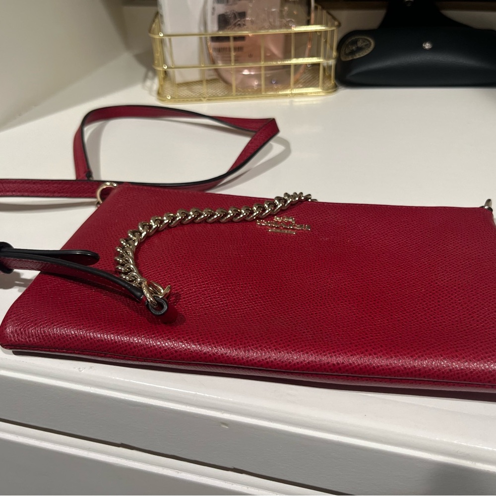 Coach Red Leather Clutch with Chain Detail